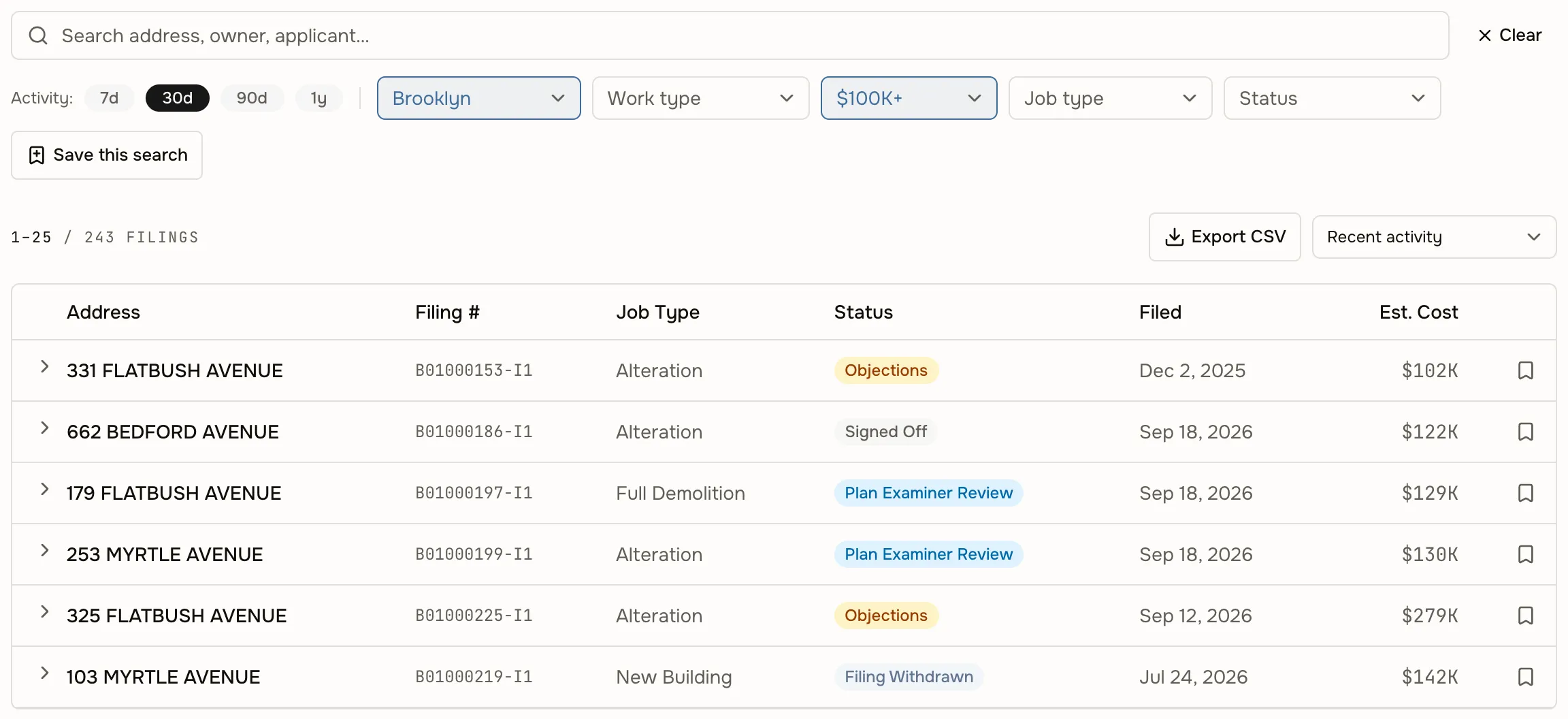 DOB filings search with borough, job type and status filters