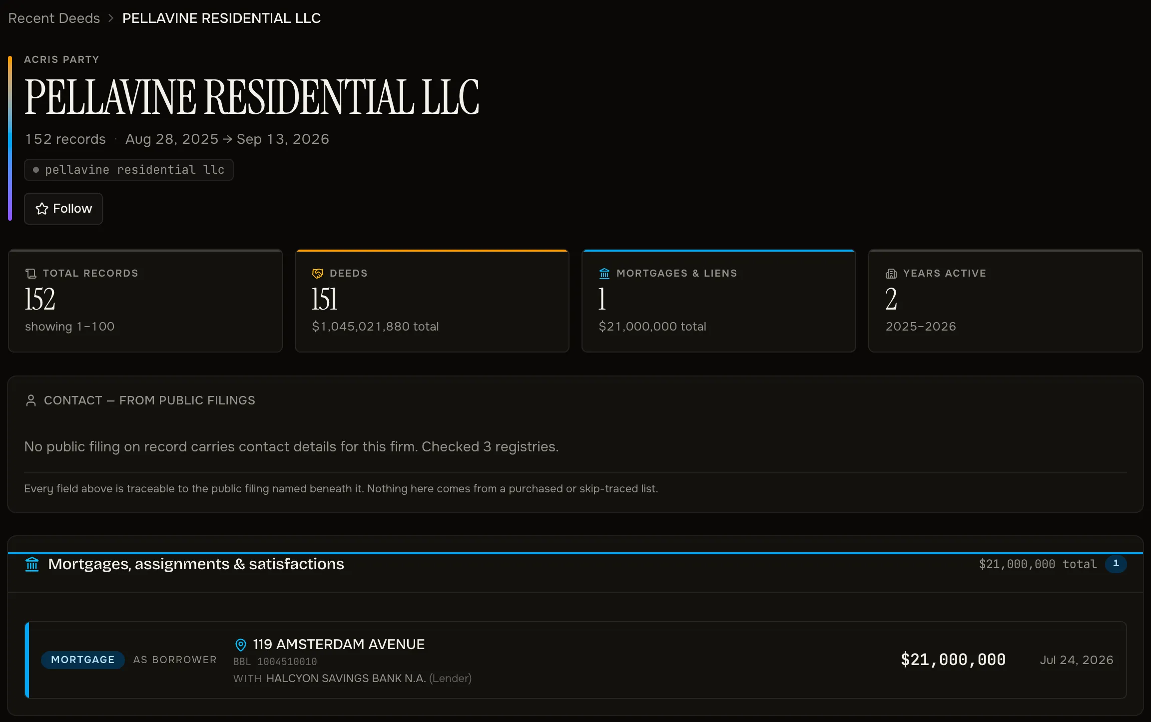 ACRIS party page with deeds and mortgages